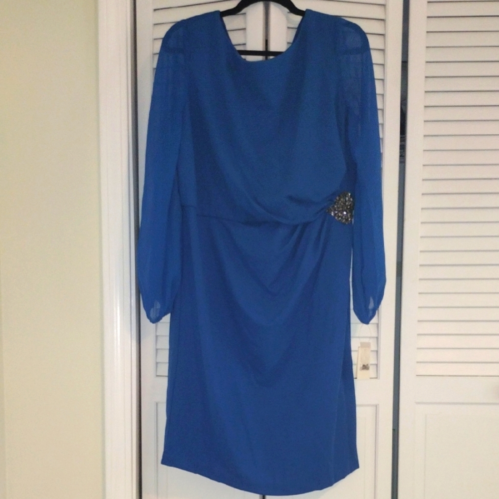 Oleg Cassini Blue Sheath Dress with Bishop Sleeves